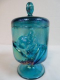 Fenton Sapphire Blue Carnival Glass Chessie Cat Covered Candy Jar
