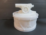 Rare Antique Westmoreland? Milk Glass Cannon on Snare Drum Covered Box