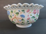 Antique EAPG Challinor Lace Edge Hand Painted Milk Glass Bowl