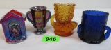 Lot of (4) Vintage Toothpick or Match Holders Inc. Ruby Carnival Glass Dog House