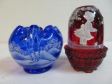 Lot of (2) Fenton Art Glass Hand Painted Pieces, Inc. Ruby Fairy Lamp & Cobalt Blue Rose Bowl