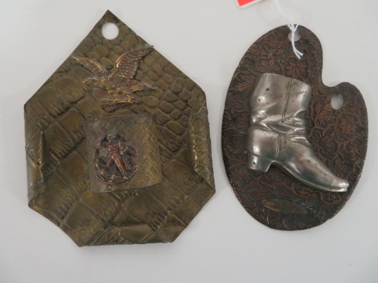 (2) Antique Tin Match Holders Patriotic, Western Boot