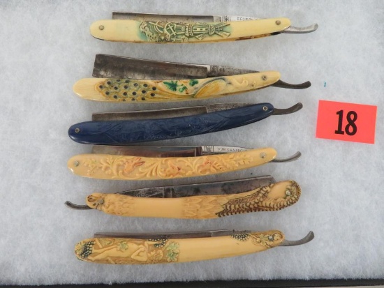 Lot (6) Antique Straight Razors All with Fancy/ Embossed Handles/ Scales