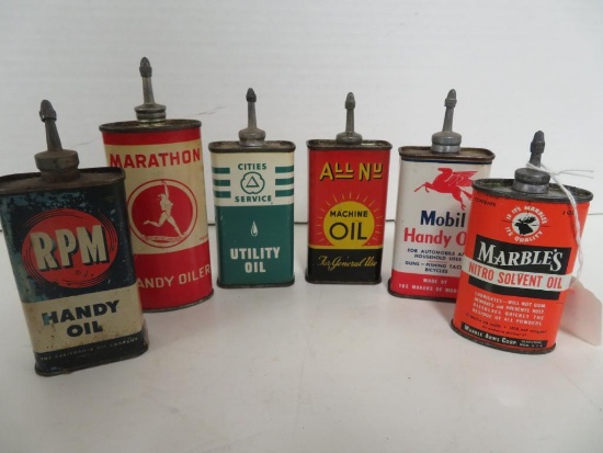 Excellent Lot (6) Antique Handy Oil Cans All Zinc Top Marathon, RPM, Mobil+