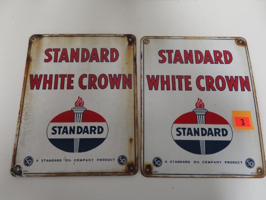 Pair Antique 1954 Dated Standard White Crown Porcelain Gas Pump Plate Signs
