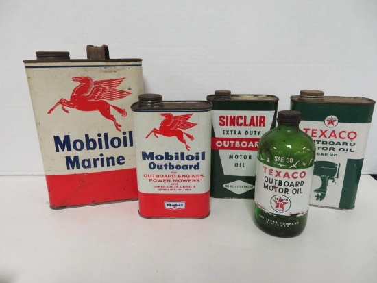 Grouping of Antique Outboard Motor Oil Cans Sinclair, Mobil, Texaco