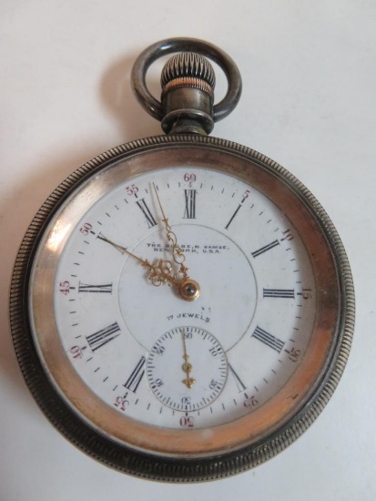 Rare Antique Globe N. Gamse (New York) 17J Railroad Pocket Watch w/ Gold Inlaid Sterling Silver Case