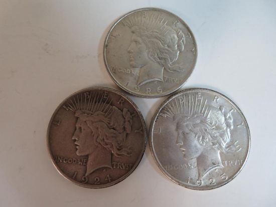 Lot of (3) U.S. Peace Silver Dollars Inc 1924, 1925, 1926
