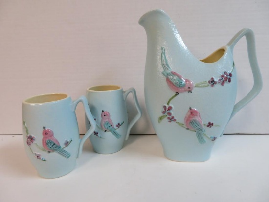 1950's Hull Pottery Blue Serenade Pitcher (S21) & 2 Mugs (S22)