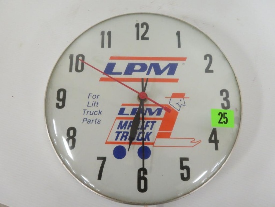 Vintage LPM Lift Trucks "Mr. Lift" 12" Glass Front Advertising Clock