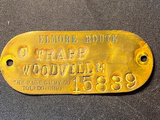 Antique Page Dairy Co., Toledo Oh, Brass " Elmore Route" Tag