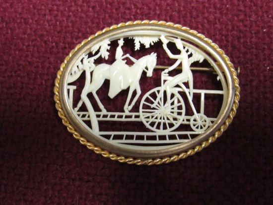 Excellent Vintage French Depose Carved Celluloid Brooch Man on High Wheel Bicycle