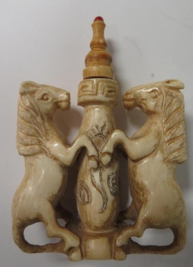 Antique Hand Carved Ivory-Bone Snuff Bottle with Horses