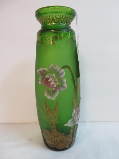 Antique Art Glass Vase with Dragonflies and Flowers in Relief
