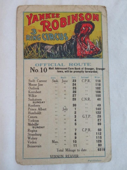 Antique 1910 Yankee Robinson 3 Ring Circus Route Schedule Card