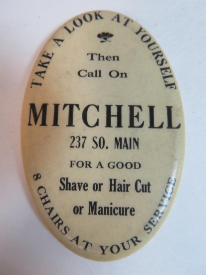 Antique Mitchell's Barber Shop Advertising Pocket Mirror