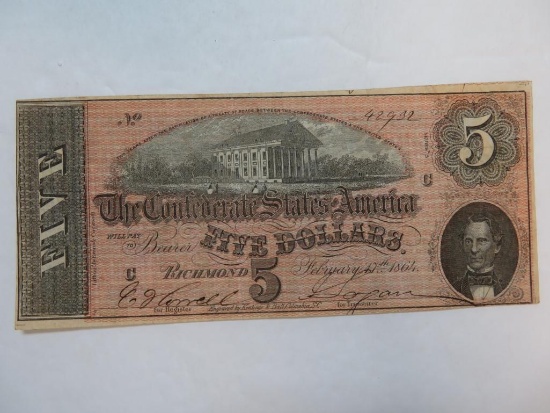 Civil War Era 1864 Confederate $5 Bill