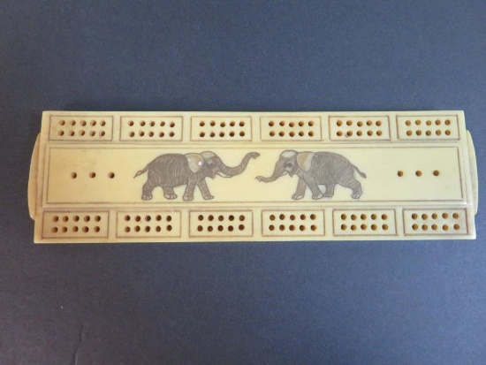 Antique Carved Ivory/Bone Cribbage Board with Elephants