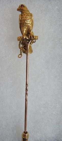 Beautiful 18K Gold Falcon Stick Pin w/ Jeweled Eyes (Total Wt. 9g)