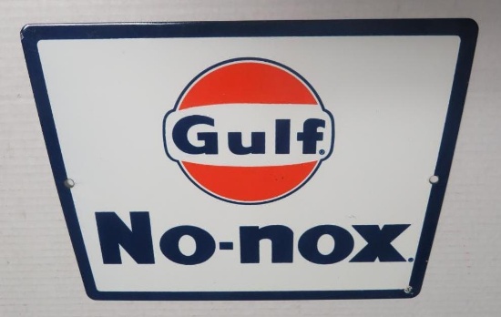 Vintage Original Gulf No Nox Porcelain Gas Pump Plate Sign