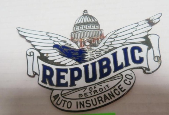 Antique Republic Auto Insurance Porcelain Grill Badge