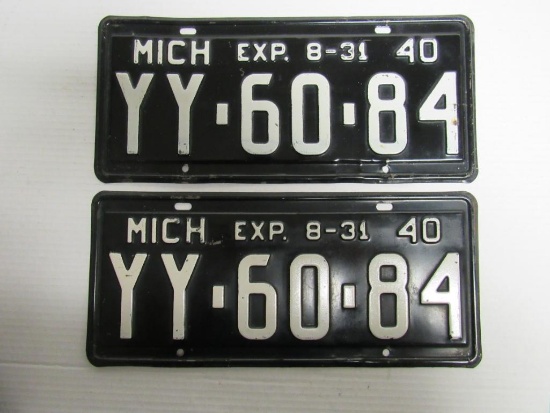 Original 1940 Michigan License Plates Pair