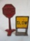 (2) Antique Arcade Cast Iron Street Signs Stop, Slow