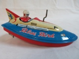 Antique Marusan Tin Wind-Up Blue Bird Speed Boat