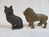 (2) Antique Cast Iron Still Banks Seated Cat, Lion