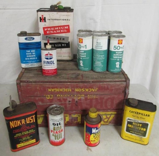 Estate Lot of Oil Cans in Advertising Wood Crate As Shown