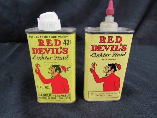 Lot (2) Original Vintage Red Devil Lighter Fluid Handy Oiler Oil Cans