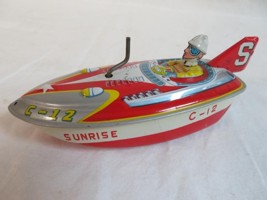 Antique Yonezawa Japan 6" Tin Wind-Up Sunrise Speed Boat
