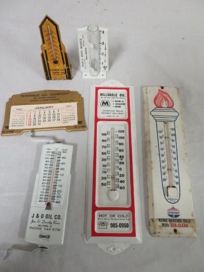 Lot (6) Vintage Gas & Oil Related Metal Thermometer & Rainguage