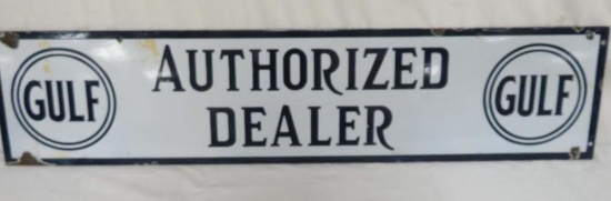Antique Gulf Motor Oil/ Gasoline Authorized Dealer Porcelain Sign 9 x 40"