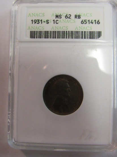 1931-S Lincoln Cent ANACS MS-62 RB