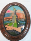 Antique Patriotic Reverse Painted Glass Statue of Liberty (NY) in Oval Frame