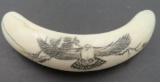 Vintage Signed Au Yuet Shan Eagle Scrimshaw Carved Bone Ivory Tooth