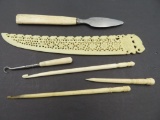 Estate Found Collection of Vintage Carved Ivory Bone Items Inc. Letter Opener, Button Hook +