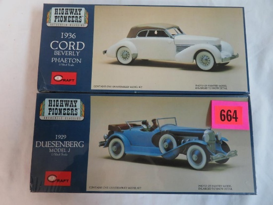 (2) Vintage Mini-Craft 1:32 Scale Model Kits 1929 Duesenberg, 1936 Cord