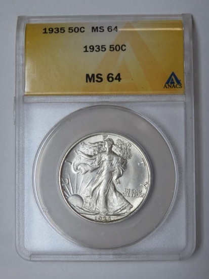 1935 U.S. Walking Liberty Half Dollar Coin (ANACS Graded MS64)