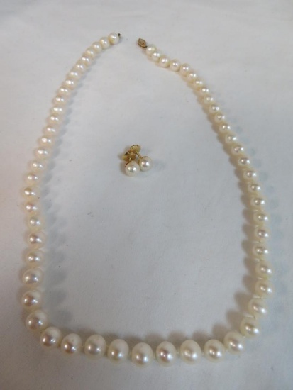 Outstanding 18" Cultured Pearl Necklace with 14K Gold Clasp and 14K Gold Earrings