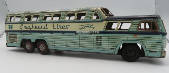 Large Antique Japan Tin Friction Greyhound Bus Toy 16"