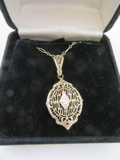 Beautiful Victorian 14K White Gold and Diamond Ladies Pendant Necklace