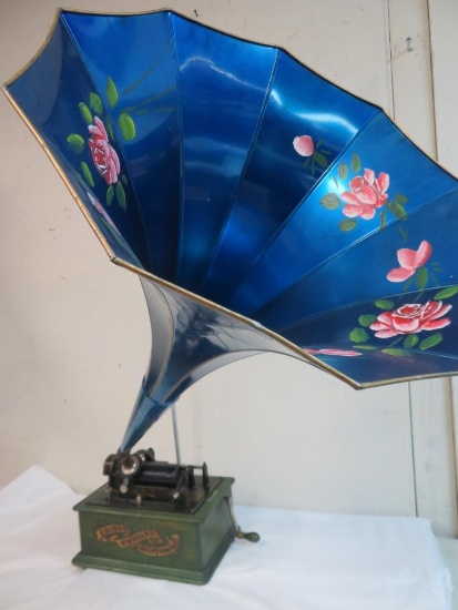Antique Edison Standard Cylinder Phonograph with Large Hand painted Horn