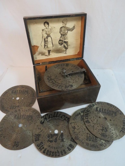 Antique German Kalliope Wind Up Music Box w/ 6 Music Discs