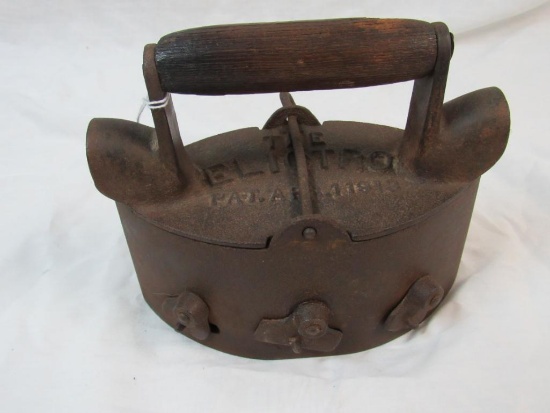 Dated 1913 "The Electro" Cast Iron Sad Iron w/ Wood Handle