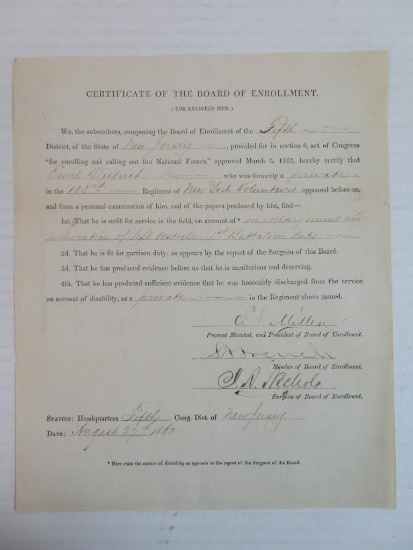 Authentic Dated 1863 Named Civil War Soldier Enlistment Certificate