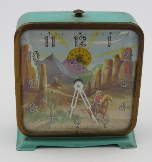 Excellent Vintage Ingraham Animated Metal Cowboy Alarm Clock