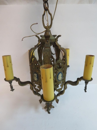 Antique 1930's Brass Chandelier with Wedgewood Style Plaque Faces