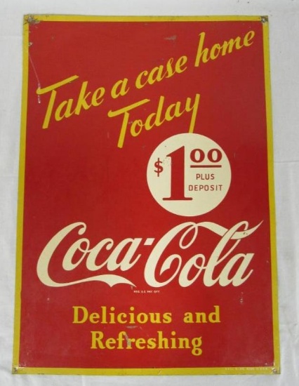 Original 1948 Dated Coca Cola Coke "Take A Case Home" Double Sided Metal Sign